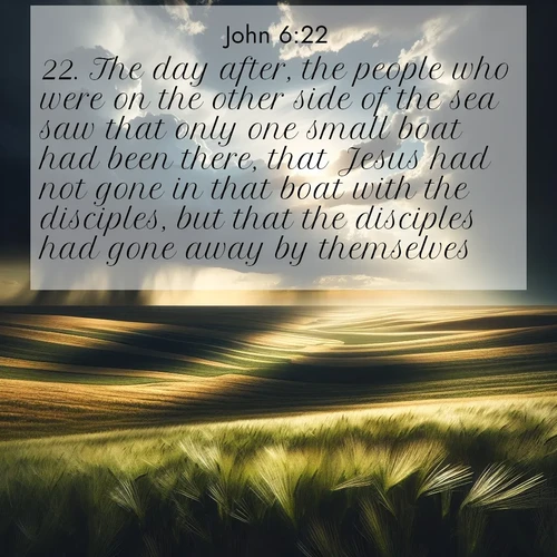 BasicEnglish Gospel of John  ; image nature: image with the bible verse :The day after, the people who were on the other side of the sea saw that only one small boat had been there, that Jesus had not gone in that boat with the disciples, but that the disciples had gone away by themselves. ; Discover a unique collection of Bible verses adorned with winter landscapes, such as snow-covered forests, gently falling snowflakes, and pristine mountains. These images evoke the peace and purity of God&#039;s creation. Share verses like KJV Gospel of John 6:22. Current verse is overlayed with the thematic nature scene : Summer storms approach across vast prairie skies. ; 6:22