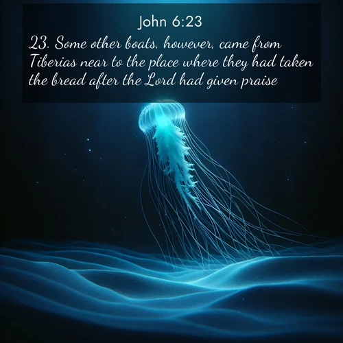BasicEnglish Gospel of John  ; image nature: image with the bible verse :Some other boats, however, came from Tiberias near to the place where they had taken the bread after the Lord had given praise. ; Explore Bible verse images beautifully illustrated with spring scenes, such as blooming meadows, trees in full bloom, and tranquil streams. These landscapes convey divine hope and vitality. Download and share verses like KJV Gospel of John 6:23. Current verse is overlayed with the thematic nature scene : A lone jellyfish pulses through midnight waters. Its bioluminescent tendrils paint trails of azure light in the depths. ; 6:23