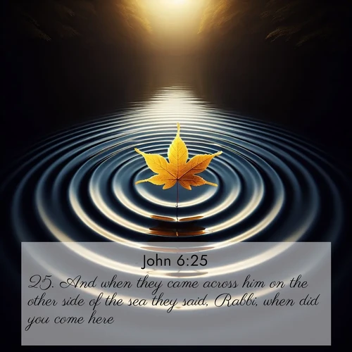 BasicEnglish Gospel of John  ; image nature: image with the bible verse :And when they came across him on the other side of the sea they said, Rabbi, when did you come here? ; Explore free Bible verse images with stunning nature themes, including sunlit paths, forest clearings, and endless horizons. Perfect for desktop backgrounds or phone wallpapers. Verses include KJV Gospel of John 6:25. Current verse is overlayed with the thematic nature scene : A single maple leaf floats on black water. Concentric ripples spread outward into infinity. ; 6:25