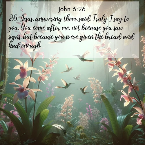 BasicEnglish Gospel of John  ; image nature: image with the bible verse :Jesus, answering them, said, Truly I say to you, You come after me, not because you saw signs, but because you were given the bread and had enough. ; Explore a spring collection of Bible images, with landscapes of green hills, wildflowers, and crystal-clear streams. These images symbolize the blossoming of God&#039;s creation. Download verses like KJV Gospel of John 6:26. Current verse is overlayed with the thematic nature scene : Wild orchids bloom in rainforest canopy. Hummingbirds dance between delicate petals. ; 6:26
