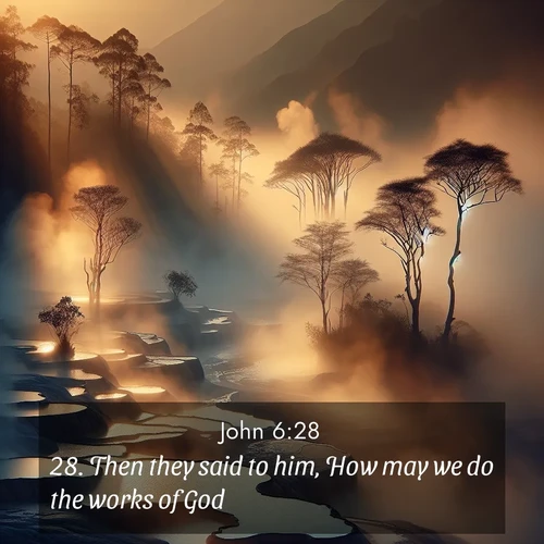 BasicEnglish Gospel of John  ; image nature: image with the bible verse :Then they said to him, How may we do the works of God? ; Download Bible verse images paired with breathtaking nature photos like golden deserts, shimmering seas, and blossoming orchards. These high-quality, free images are perfect for wallpapers or sharing. Verses include KJV Gospel of John 6:28. Current verse is overlayed with the thematic nature scene : Morning mist rises from thermal pools. Steam dragons dance in golden light. ; 6:28