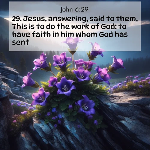 BasicEnglish Gospel of John  ; image nature: image with the bible verse :Jesus, answering, said to them, This is to do the work of God: to have faith in him whom God has sent. ; Download high-resolution Bible verse images showcasing the beauty of God&#039;s creation—from radiant sunsets to tranquil rivers. Free for use as wallpapers or sharing verses like KJV Gospel of John 6:29. Current verse is overlayed with the thematic nature scene : Wild gentians bloom in rocky cracks. Summer storms gather above treeline. ; 6:29