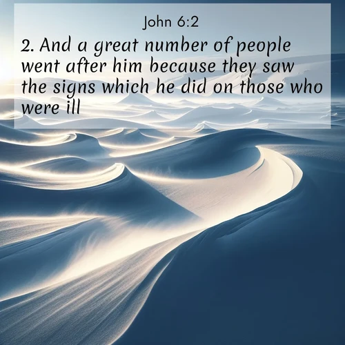 BasicEnglish Gospel of John  ; image nature: image with the bible verse :And a great number of people went after him because they saw the signs which he did on those who were ill. ; Explore a collection of free Bible verse images paired with serene landscapes like golden beaches, verdant forests, and clear blue skies. Each image is ideal for desktop or phone wallpapers. Share verses like KJV Gospel of John 6:2. Current verse is overlayed with the thematic nature scene : Winter winds sculpt snow into graceful dunes across the tundra. ; 6:2