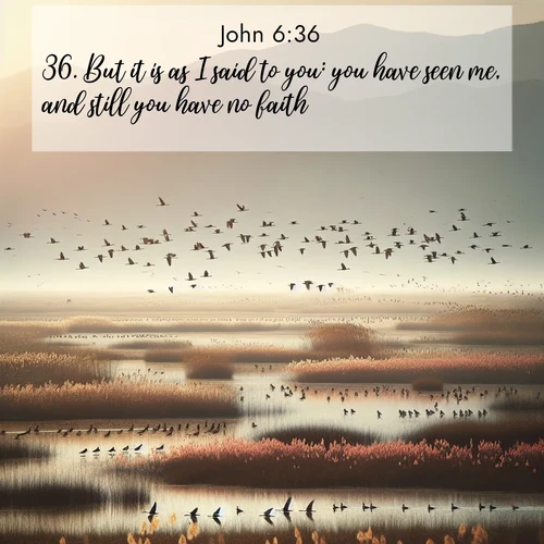 BasicEnglish Gospel of John  ; image nature: image with the bible verse :But it is as I said to you: you have seen me, and still you have no faith. ; Download Bible verse images paired with breathtaking nature photos like golden deserts, shimmering seas, and blossoming orchards. These high-quality, free images are perfect for wallpapers or sharing. Verses include KJV Gospel of John 6:36. Current verse is overlayed with the thematic nature scene : Spring migration fills marshlands with calling birds. ; 6:36