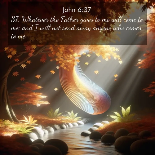 BasicEnglish Gospel of John  ; image nature: image with the bible verse :Whatever the Father gives to me will come to me; and I will not send away anyone who comes to me. ; Explore serene Bible verse images adorned with photos of divine creation—tranquil beaches, snowy mountains, and starry skies. Each image is free to download and share. Verses include KJV Gospel of John 6:37. Current verse is overlayed with the thematic nature scene : Autumn leaves spiral through shafts of light. A hidden stream provides gentle music. ; 6:37