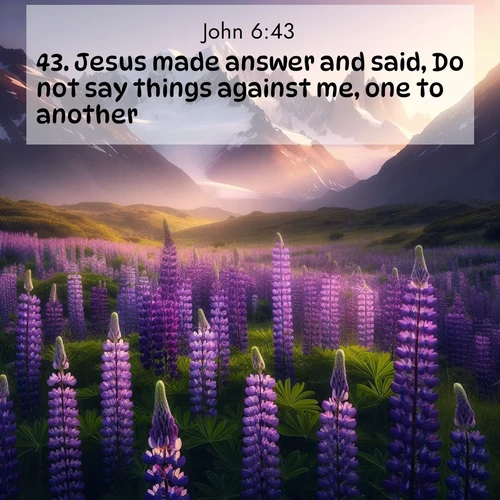 BasicEnglish Gospel of John  ; image nature: image with the bible verse :Jesus made answer and said, Do not say things against me, one to another. ; Discover our curated gallery of Bible verse images with breathtaking scenery, from tranquil deserts to lush green pastures. Perfect for phone wallpapers or sharing online. Download verses like KJV Gospel of John 6:43. Current verse is overlayed with the thematic nature scene : Wild lupines paint mountain meadows purple. Snow lingers on distant peaks. ; 6:43