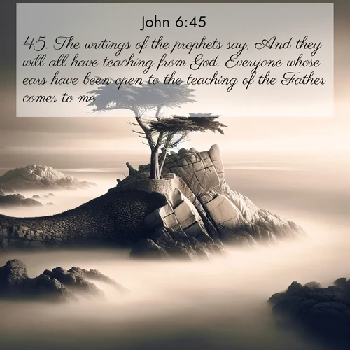 BasicEnglish Gospel of John  ; image nature: image with the bible verse :The writings of the prophets say, And they will all have teaching from God. Everyone whose ears have been open to the teaching of the Father comes to me. ; Admire our autumnal collection of Bible verse images accompanied by photos of paths lined with red and yellow leaves, fiery forests, and calm rivers. These images inspire reflection and serenity. Share verses like KJV Gospel of John 6:45. Current verse is overlayed with the thematic nature scene : A lone cypress stands sentinel on a wave-carved point. Pacific storms have shaped its every branch. ; 6:45