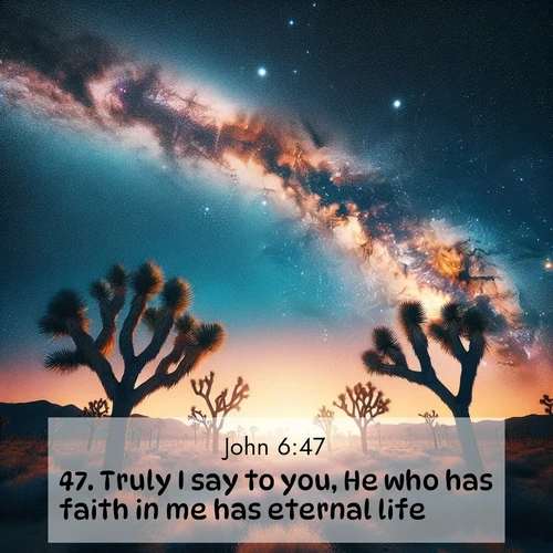 BasicEnglish Gospel of John  ; image nature: image with the bible verse :Truly I say to you, He who has faith in me has eternal life. ; Discover a gallery of Bible verse images showcasing the beauty of autumn, with golden leaves, red forests, and peaceful fields bathed in soft light. These soothing scenes are perfect for accompanying inspiring verses like KJV Gospel of John 6:47. Current verse is overlayed with the thematic nature scene : Joshua trees reach twisted arms to desert stars. The Milky Way arcs overhead like a river of light. ; 6:47