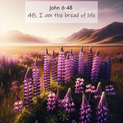 BasicEnglish Gospel of John  ; image nature: image with the bible verse :I am the bread of life. ; Discover breathtaking Bible verse images combined with vibrant landscapes like rolling hills, blooming gardens, and starry nights. Use them as wallpapers or to inspire others. Download verses like KJV Gospel of John 6:48. Current verse is overlayed with the thematic nature scene : Wild lupines paint purple meadows. Snow lingers on distant peaks. ; 6:48
