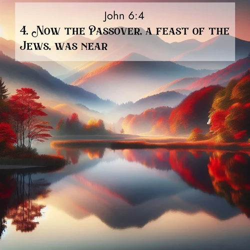 BasicEnglish Gospel of John  ; image nature: image with the bible verse :Now the Passover, a feast of the Jews, was near. ; Dive into a gallery of Bible verses illustrated by tropical beach scenes, featuring sparkling waves, seashells, and radiant sunrises. These images evoke divine peace and joy. Download and share inspiring verses like KJV Gospel of John 6:4. Current verse is overlayed with the thematic nature scene : Autumn colors reflect in a still mountain lake at sunrise. ; 6:4