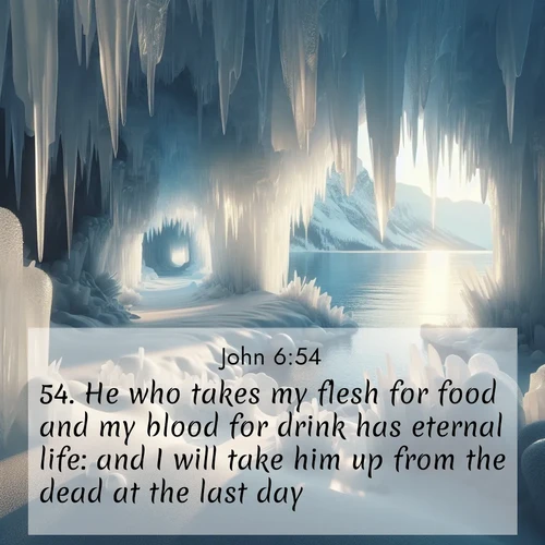 BasicEnglish Gospel of John  ; image nature: image with the bible verse :He who takes my flesh for food and my blood for drink has eternal life: and I will take him up from the dead at the last day. ; Admire stunning Bible verse images paired with photos of peaceful landscapes, such as foggy mornings, serene rivers, and blooming gardens. Download these free images and share verses like KJV Gospel of John 6:54. Current verse is overlayed with the thematic nature scene : Winter ice forms crystal caves along lake cliffs. ; 6:54