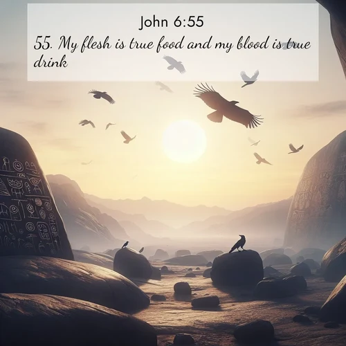 BasicEnglish Gospel of John  ; image nature: image with the bible verse :My flesh is true food and my blood is true drink. ; Browse an inspiring gallery of Bible verse images with nature photos, such as blooming gardens, golden deserts, and shaded forests. The chosen images capture the peaceful and joyful essence of God&#039;s creation, with vibrant colors and harmonious fonts. Share verses like KJV Gospel of John 6:55. Current verse is overlayed with the thematic nature scene : Desert petroglyphs tell ancient stories. Ravens soar past wearing shadows for wings. ; 6:55