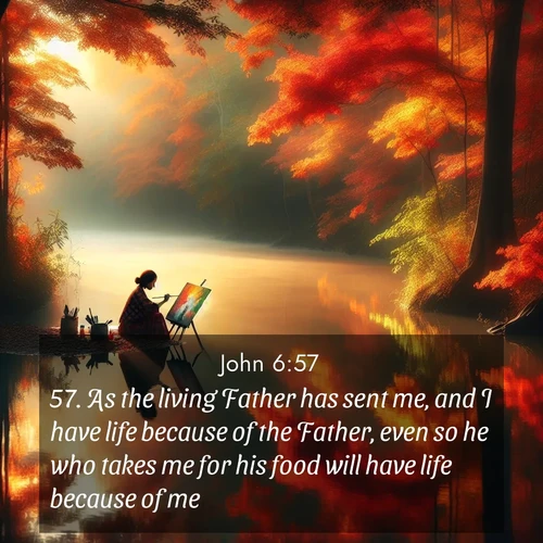 BasicEnglish Gospel of John  ; image nature: image with the bible verse :As the living Father has sent me, and I have life because of the Father, even so he who takes me for his food will have life because of me. ; Admire Bible verse images illustrated by summer photos, such as sunny beaches, sparkling waves, and swaying palm trees. These bright scenes highlight the joy and warmth of God&#039;s creation. Download and share verses like KJV Gospel of John 6:57. Current verse is overlayed with the thematic nature scene : An artist paints beside still waters. Autumn colors double in reflection. ; 6:57