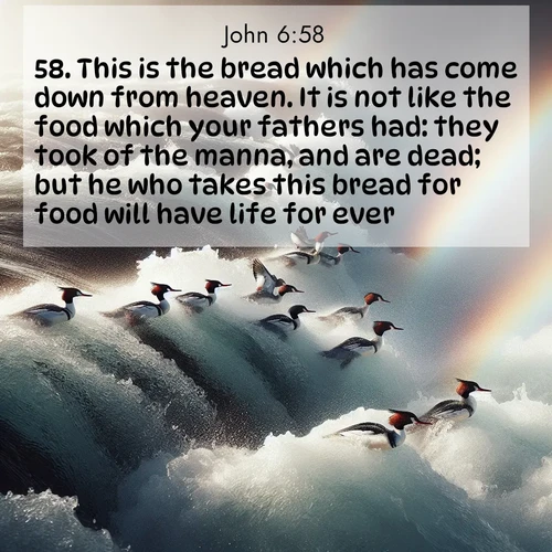 BasicEnglish Gospel of John  ; image nature: image with the bible verse :This is the bread which has come down from heaven. It is not like the food which your fathers had: they took of the manna, and are dead; but he who takes this bread for food will have life for ever. ; Discover Bible images adorned with spring landscapes, like tulip fields, cherry blossoms, and green hills. These bright scenes symbolize God&#039;s renewal and grace. Download verses like KJV Gospel of John 6:58. Current verse is overlayed with the thematic nature scene : Wild mergansers ride white water rapids. Spray creates endless rainbows. ; 6:58