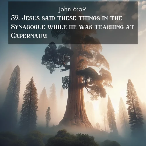 BasicEnglish Gospel of John  ; image nature: image with the bible verse :Jesus said these things in the Synagogue while he was teaching at Capernaum. ; Discover Bible verses beautifully integrated with natural scenes of varied seasons, featuring summer skies, winter snow, autumn leaves, and spring blooms. Each image captures the splendor and peace of God&#039;s creation. Share verses like KJV Gospel of John 6:59. Current verse is overlayed with the thematic nature scene : A giant sequoia reaches through morning fog. Centuries of growth stretch skyward in silent majesty. ; 6:59