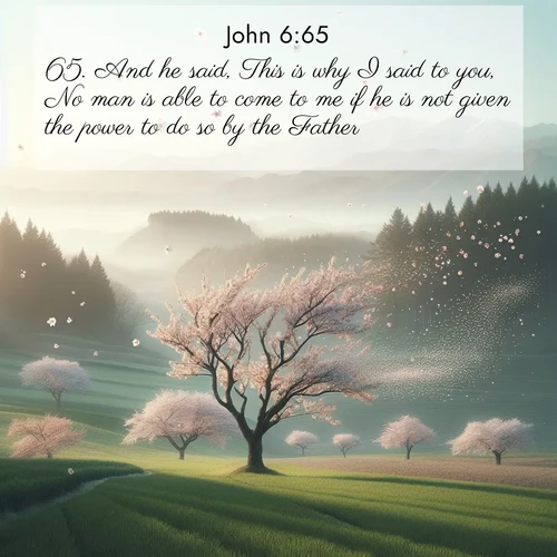BasicEnglish Gospel of John  ; image nature: image with the bible verse :And he said, This is why I said to you, No man is able to come to me if he is not given the power to do so by the Father. ; Browse Bible images illustrated by desert landscapes, with endless skies, golden dunes, and isolated palm trees. These images evoke the calm and grandeur of God&#039;s creation. Download inspiring verses like KJV Gospel of John 6:65. Current verse is overlayed with the thematic nature scene : Spring winds scatter cherry blossoms like snow. ; 6:65