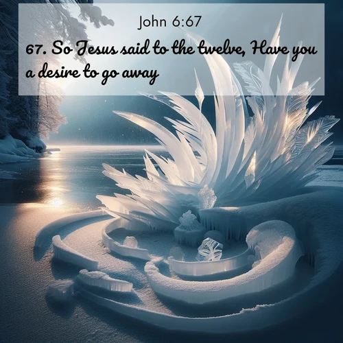 BasicEnglish Gospel of John  ; image nature: image with the bible verse :So Jesus said to the twelve, Have you a desire to go away? ; Discover Bible verses beautifully integrated with natural scenes of varied seasons, featuring summer skies, winter snow, autumn leaves, and spring blooms. Each image captures the splendor and peace of God&#039;s creation. Share verses like KJV Gospel of John 6:67. Current verse is overlayed with the thematic nature scene : Winter ice forms abstract sculptures along a lake shore. ; 6:67