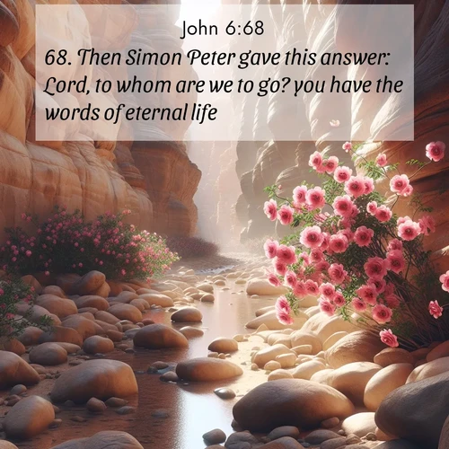 BasicEnglish Gospel of John  ; image nature: image with the bible verse :Then Simon Peter gave this answer: Lord, to whom are we to go? you have the words of eternal life; ; Explore a unique collection of Bible verses illustrated by winter landscapes, such as snowy mountains, frosty forests, and starry skies. These images capture the peace and beauty of winter. Share verses like KJV Gospel of John 6:68. Current verse is overlayed with the thematic nature scene : Desert roses bloom in a hidden canyon after rare rainfall. Their pink petals contrast against weathered sandstone walls. ; 6:68