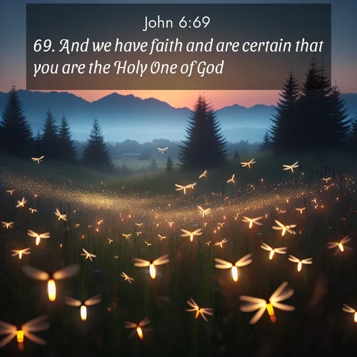 BasicEnglish Gospel of John  ; image nature: image with the bible verse :And we have faith and are certain that you are the Holy One of God. ; Download Bible verse images paired with breathtaking nature photos like golden deserts, shimmering seas, and blossoming orchards. These high-quality, free images are perfect for wallpapers or sharing. Verses include KJV Gospel of John 6:69. Current verse is overlayed with the thematic nature scene : Lightning bugs rise from summer meadows at dusk. Their lights dance like earthbound stars. ; 6:69