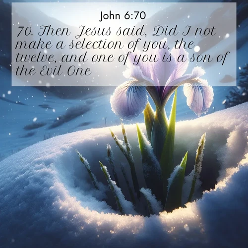 BasicEnglish Gospel of John  ; image nature: image with the bible verse :Then Jesus said, Did I not make a selection of you, the twelve, and one of you is a son of the Evil One? ; Browse Bible images illustrated by desert landscapes, with endless skies, golden dunes, and isolated palm trees. These images evoke the calm and grandeur of God&#039;s creation. Download inspiring verses like KJV Gospel of John 6:70. Current verse is overlayed with the thematic nature scene : Wild iris breaks through spring snow. Alpine light ignites petals. ; 6:70