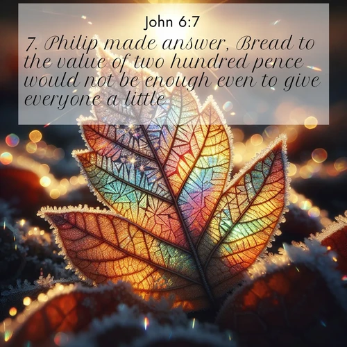 BasicEnglish Gospel of John  ; image nature: image with the bible verse :Philip made answer, Bread to the value of two hundred pence would not be enough even to give everyone a little. ; Admire our gallery of Bible verse images paired with serene nature photography, featuring starlit skies, golden sands, and blooming wildflowers. Download and share verses like KJV Gospel of John 6:7. Current verse is overlayed with the thematic nature scene : Frost crystals form intricate patterns on a fallen leaf. Morning sun transforms them into rainbow prisms. ; 6:7
