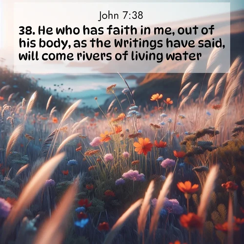 BBE Gospel of John 7:38 overlaying nature image scene: Summer wildflowers wave in the breeze on coastal bluffs.;38. He who has faith in me, out of his body, as the Writings have said, will come rivers of living water.