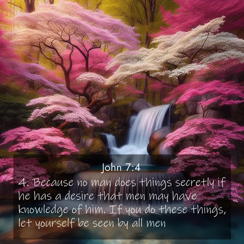 BBE Gospel of John 7:4 overlaying nature image scene: A spring cascade plunges into a pool surrounded by flowering dogwood.;4. Because no man does things secretly if he has a desire that men may have knowledge of him. If you do these things, let yourself be seen by all men.
