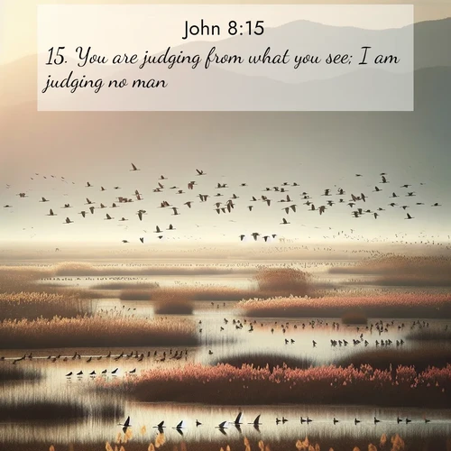 BBE Gospel of John 8:15 overlaying nature image scene: Spring migration fills marshlands with calling birds.;15. You are judging from what you see; I am judging no man.