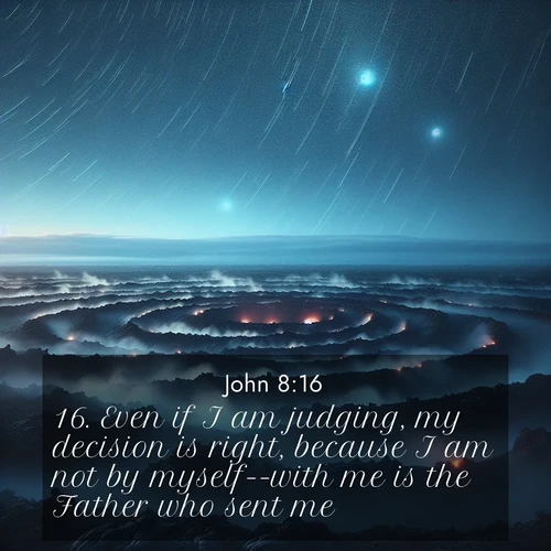 BBE Gospel of John 8:16 overlaying nature image scene: Volcanic steam rises through a field of black lava. Stars wheel overhead in the thin air.;16. Even if I am judging, my decision is right, because I am not by myself--with me is the Father who sent me.