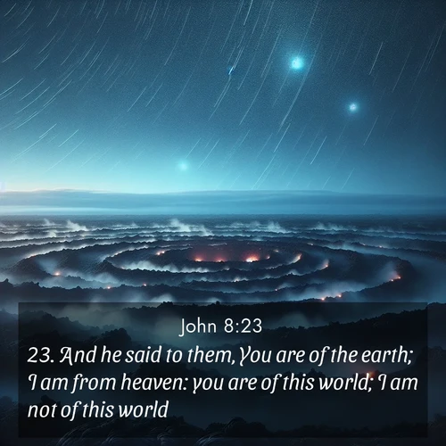 BBE Gospel of John 8:23 overlaying nature image scene: Volcanic steam rises through a field of black lava. Stars wheel overhead in the thin air.;23. And he said to them, You are of the earth; I am from heaven: you are of this world; I am not of this world.