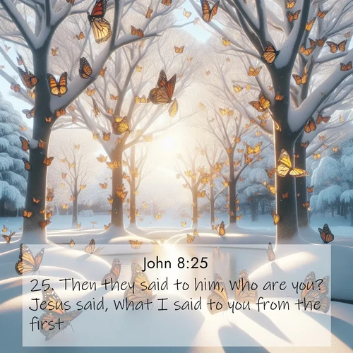 BBE Gospel of John 8:25 overlaying nature image scene: Monarch butterflies cover winter trees. Their wings catch light like stained glass.;25. Then they said to him, Who are you? Jesus said, What I said to you from the first.