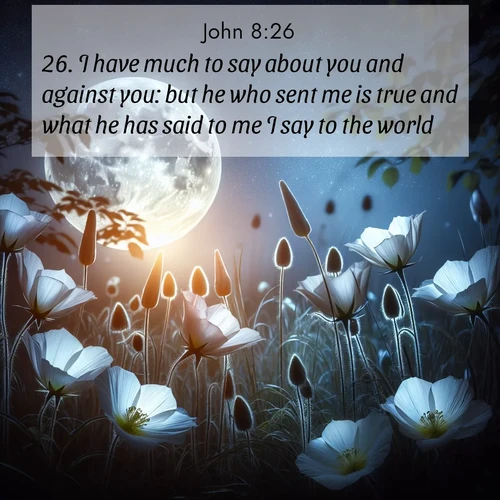 BBE Gospel of John 8:26 overlaying nature image scene: Moonflowers open to the rising full moon. Night insects hum in harmony.;26. I have much to say about you and against you: but he who sent me is true and what he has said to me I say to the world.