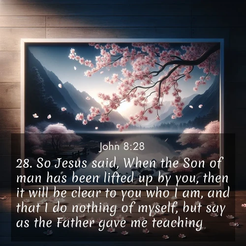 BBE Gospel of John 8:28 overlaying nature image scene: Cherry blossoms swirl in a spring breeze. Their petals dust the surface of a still mountain pond.;28. So Jesus said, When the Son of man has been lifted up by you, then it will be clear to you who I am, and that I do nothing of myself, but say as the Father gave me teaching.
