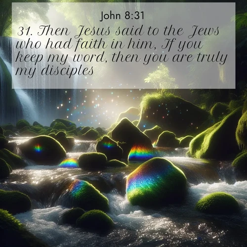 BBE Gospel of John 8:31 overlaying nature image scene: Rainbow prisms dance in a waterfall's spray. Moss glows emerald in filtered light.;31. Then Jesus said to the Jews who had faith in him, If you keep my word, then you are truly my disciples;