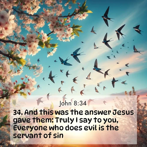 BBE Gospel of John 8:34 overlaying nature image scene: Spring migration fills the sky with countless swallows.;34. And this was the answer Jesus gave them: Truly I say to you, Everyone who does evil is the servant of sin.