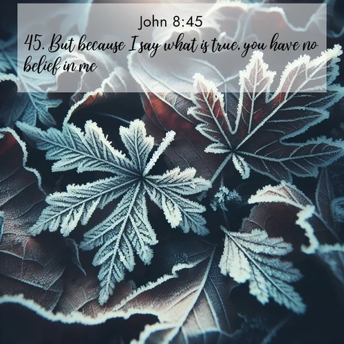 BBE Gospel of John 8:45 overlaying nature image scene: Winter frost creates delicate patterns on fallen leaves.;45. But because I say what is true, you have no belief in me.