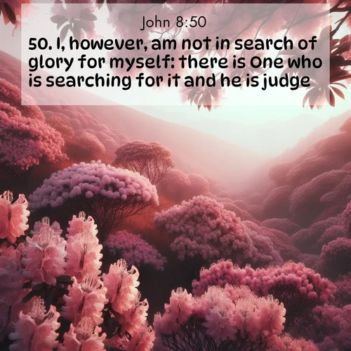 BBE Gospel of John 8:50 overlaying nature image scene: Mountain laurel blooms paint hillsides pink. Spring breezes carry their honey scent.;50. I, however, am not in search of glory for myself: there is One who is searching for it and he is judge.