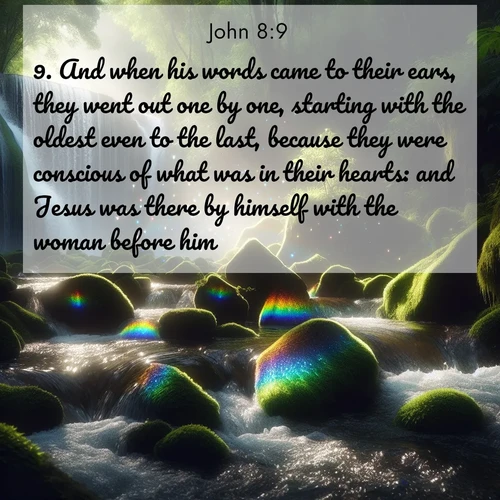 BBE Gospel of John 8:9 overlaying nature image scene: Rainbow prisms dance in a waterfall's spray. Moss glows emerald in filtered light.;9. And when his words came to their ears, they went out one by one, starting with the oldest even to the last, because they were conscious of what was in their hearts: and Jesus was there by himself with the woman before him.