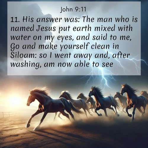BasicEnglish Gospel of John  ; image nature: image with the bible verse :His answer was: The man who is named Jesus put earth mixed with water on my eyes, and said to me, Go and make yourself clean in Siloam: so I went away and, after washing, am now able to see. ; Discover our curated gallery of Bible verse images with breathtaking scenery, from tranquil deserts to lush green pastures. Perfect for phone wallpapers or sharing online. Download verses like KJV Gospel of John 9:11. Current verse is overlayed with the thematic nature scene : Wild horses race approaching storms. Lightning illuminates their power. ; 9:11