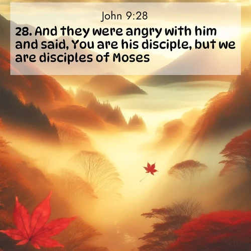 BasicEnglish Gospel of John  ; image nature: image with the bible verse :And they were angry with him and said, You are his disciple, but we are disciples of Moses. ; Explore a rich collection of Bible verse images beautifully illustrated by natural landscapes, such as colorful skies, towering mountains, and tranquil rivers. The images highlight the serenity of God&#039;s creation with vivid tones and carefully chosen typography. Download and share inspiring verses like KJV Gospel of John 9:28. Current verse is overlayed with the thematic nature scene : Autumn fog fills a mountain valley. A red maple leaf drifts through golden light. ; 9:28