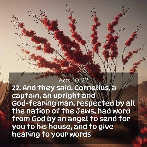 BasicEnglish Acts  ; image nature: image with the bible verse :And they said, Cornelius, a captain, an upright and God-fearing man, respected by all the nation of the Jews, had word from God by an angel to send for you to his house, and to give hearing to your words. ; Download Bible verse images featuring vibrant photos of nature, from snowy landscapes to golden deserts. These free images are perfect for phone wallpapers, desktop backgrounds, or sharing. Verses include KJV Acts 10:22. Current verse is overlayed with the thematic nature scene : Desert ocotillo flames crimson red. Wind sings through thorny branches. ; 10:22