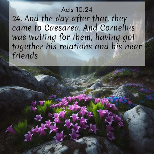 BasicEnglish Acts  ; image nature: image with the bible verse :And the day after that, they came to Caesarea. And Cornelius was waiting for them, having got together his relations and his near friends. ; Browse our collection of Bible verses paired with captivating photos of God’s creation, like crystal-clear lakes, majestic cliffs, and colorful skies. All images are free for download and sharing. Verse examples include KJV Acts 10:24. Current verse is overlayed with the thematic nature scene : Alpine gentians bloom in rocky crevices. Summer storms gather above treeline. ; 10:24