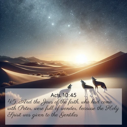 BasicEnglish Acts  ; image nature: image with the bible verse :And the Jews of the faith, who had come with Peter, were full of wonder, because the Holy Spirit was given to the Gentiles, ; Dive into a gallery of Bible verses illustrated by tropical beach scenes, featuring sparkling waves, seashells, and radiant sunrises. These images evoke divine peace and joy. Download and share inspiring verses like KJV Acts 10:45. Current verse is overlayed with the thematic nature scene : Desert coyotes sing to stars. Their voices echo through time. ; 10:45