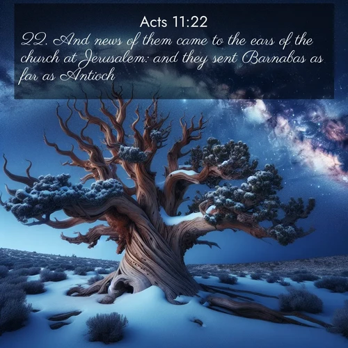 BasicEnglish Acts  ; image nature: image with the bible verse :And news of them came to the ears of the church at Jerusalem: and they sent Barnabas as far as Antioch: ; Discover beautiful Bible verse images enriched with natural landscapes, from serene beaches to cascading waterfalls. All images are free and ready to download. Share verses such as KJV Acts 11:22. Current verse is overlayed with the thematic nature scene : Ancient bristlecone pine twists against a navy twilight sky, its gnarled branches laden with fresh snow. The Milky Way arcs overhead in crystalline clarity. ; 11:22