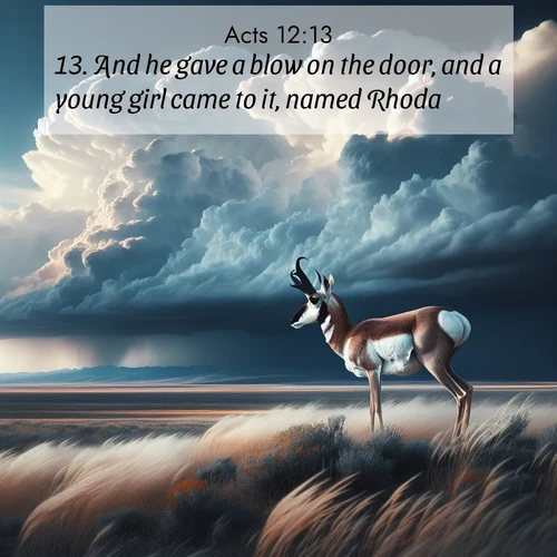 BasicEnglish Acts  ; image nature: image with the bible verse :And he gave a blow on the door, and a young girl came to it, named Rhoda. ; Explore a winter collection of Bible verse images adorned with photos of icy landscapes, frozen waterfalls, and snow-covered forests. These scenes capture divine tranquility and purity. Download inspiring verses like KJV Acts 12:13. Current verse is overlayed with the thematic nature scene : A pronghorn pauses on wind-swept plains. Storm clouds build dark towers above. ; 12:13