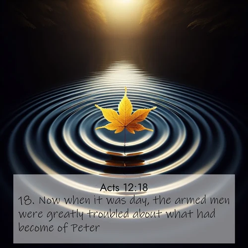 BasicEnglish Acts  ; image nature: image with the bible verse :Now when it was day, the armed men were greatly troubled about what had become of Peter. ; Download Bible verse images paired with breathtaking nature photos like golden deserts, shimmering seas, and blossoming orchards. These high-quality, free images are perfect for wallpapers or sharing. Verses include KJV Acts 12:18. Current verse is overlayed with the thematic nature scene : A single maple leaf floats on black water. Concentric ripples spread outward into infinity. ; 12:18
