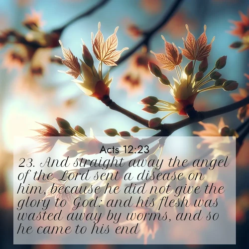BasicEnglish Acts  ; image nature: image with the bible verse :And straight away the angel of the Lord sent a disease on him, because he did not give the glory to God: and his flesh was wasted away by worms, and so he came to his end. ; Explore a collection of free Bible verse images paired with serene landscapes like golden beaches, verdant forests, and clear blue skies. Each image is ideal for desktop or phone wallpapers. Share verses like KJV Acts 12:23. Current verse is overlayed with the thematic nature scene : Spring buds burst open on maple branches against a blue sky. ; 12:23