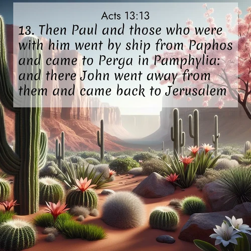 BBE Acts 13:13 overlaying nature image scene: Desert cacti burst with spring blooms against red sandstone formations.;13. Then Paul and those who were with him went by ship from Paphos and came to Perga in Pamphylia: and there John went away from them and came back to Jerusalem.