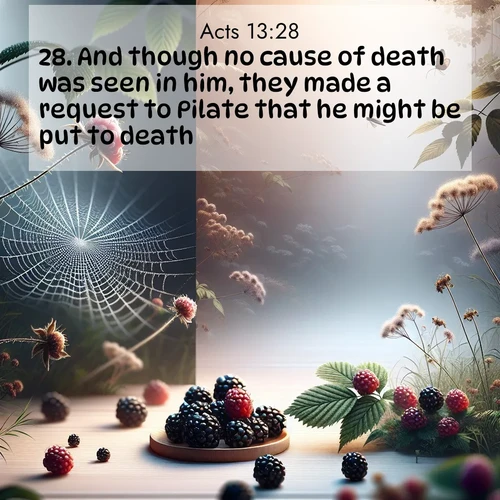 BBE Acts 13:28 overlaying nature image scene: Wild blackberries ripen in secret hollows. Morning spider webs catch dew like diamonds.;28. And though no cause of death was seen in him, they made a request to Pilate that he might be put to death.
