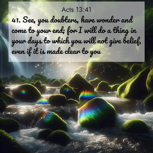 BBE Acts 13:41 overlaying nature image scene: Rainbow prisms dance in a waterfall's spray. Moss glows emerald in filtered light.;41. See, you doubters, have wonder and come to your end; for I will do a thing in your days to which you will not give belief, even if it is made clear to you.